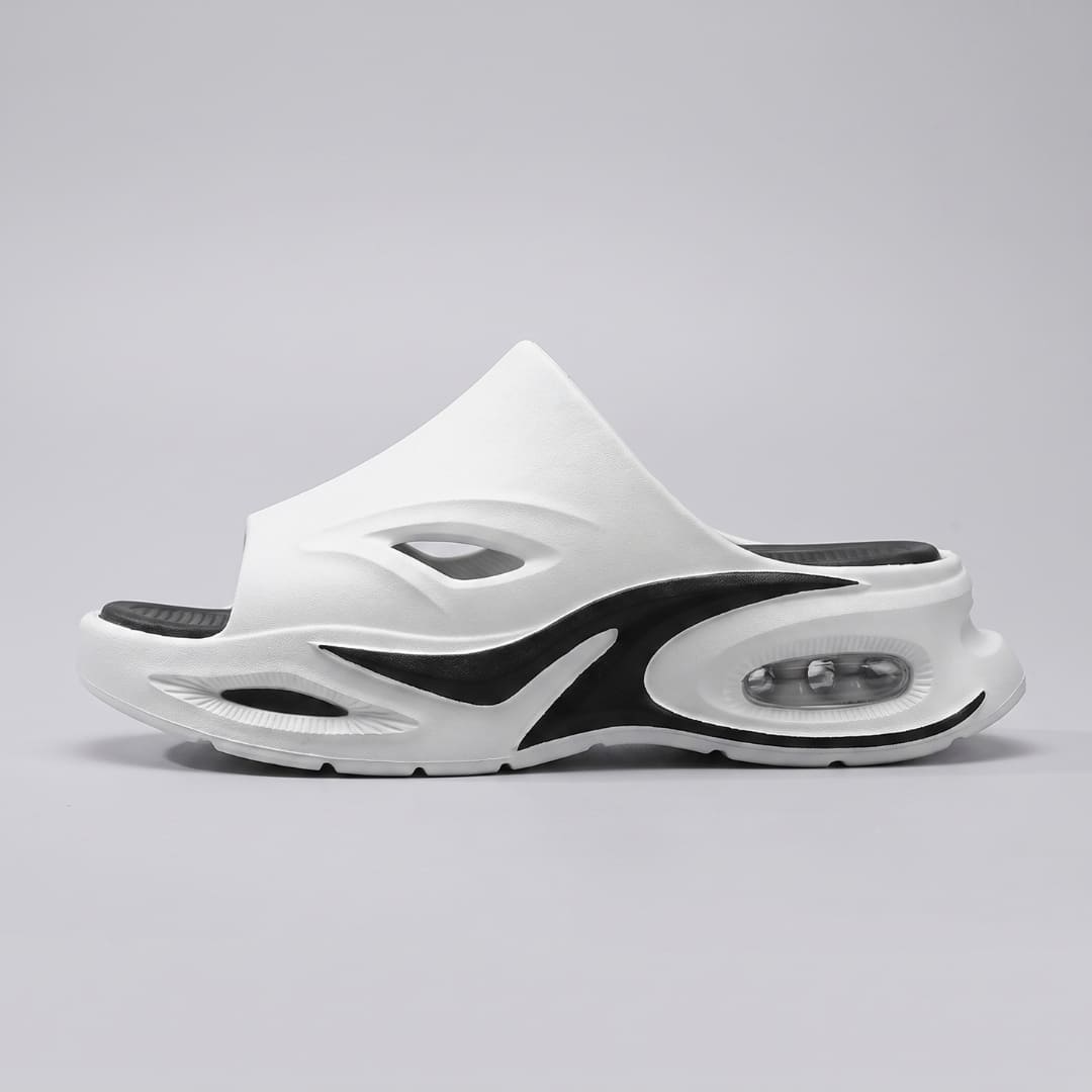 White and black FORCIANO MAVERICK Height Increasing Shoes shown in a full side profile with open-toe upper and sculpted sole.