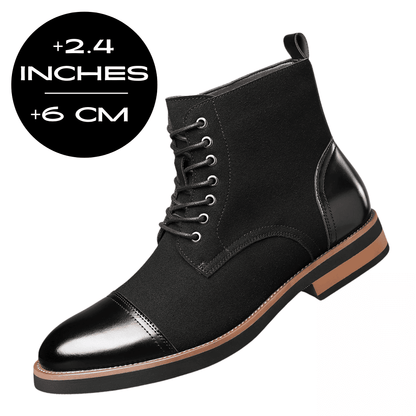 FORCIANO MERIDIAN black elevator boot in a front three-quarter view with a 6 cm / 2.4 inches height increase graphic.