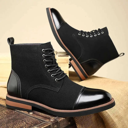 FORCIANO MERIDIAN black elevator boots shown as a pair, with one boot in side profile and the second angled behind, featuring glossy black toe and heel accents.