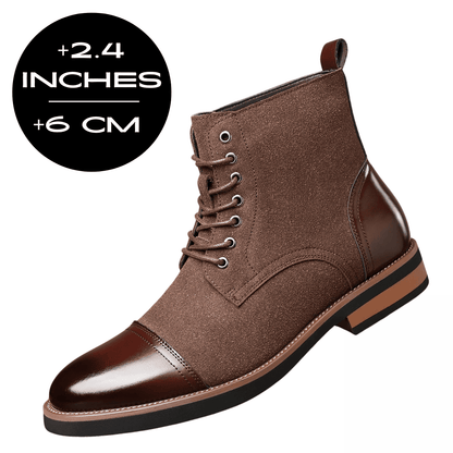 FORCIANO MERIDIAN brown elevator boot shown at a front three-quarter angle with a 6 cm / 2.4 inches height increase graphic.