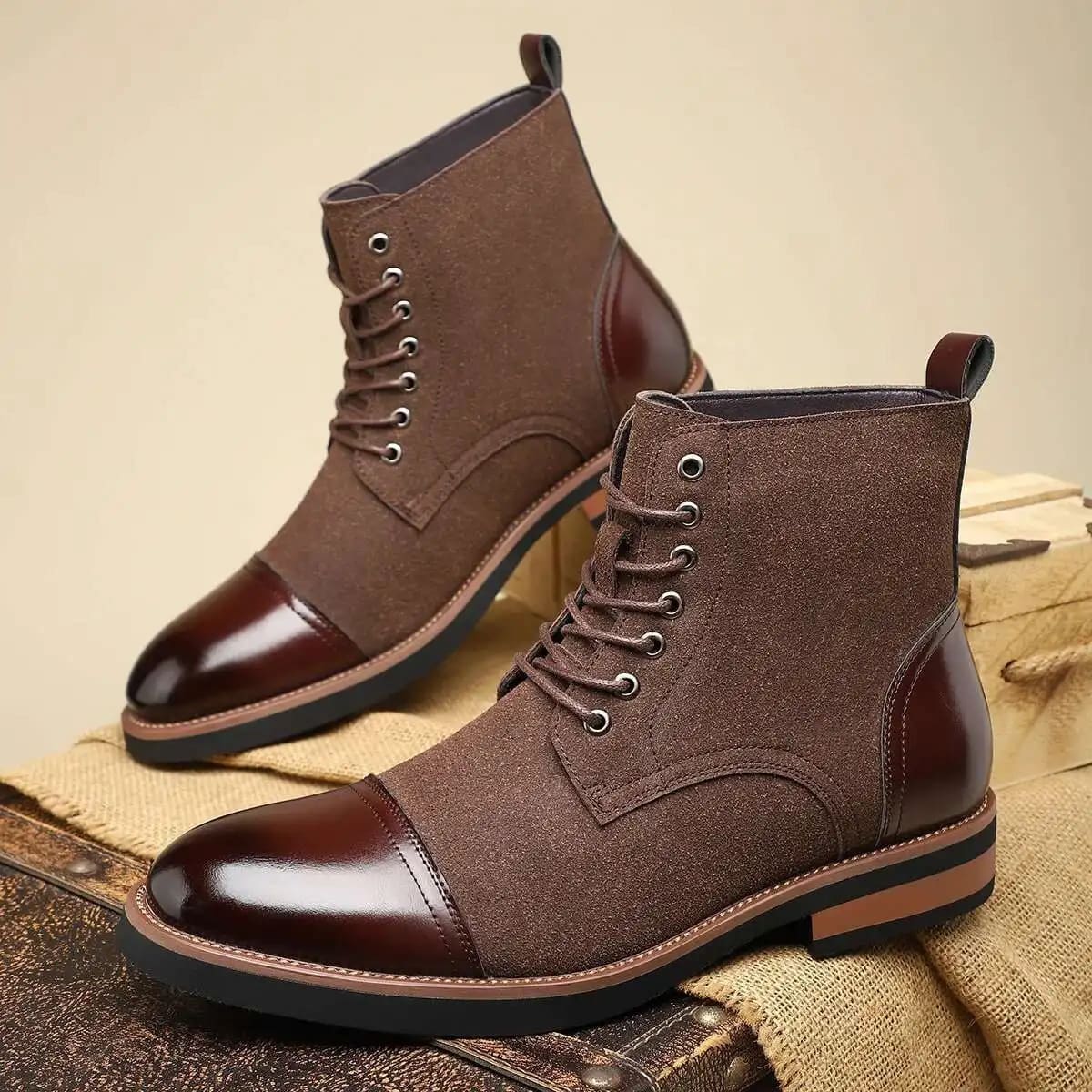 FORCIANO MERIDIAN brown elevator boots shown as a pair at a front three-quarter angle with dark brown glossy toe and heel accents.
