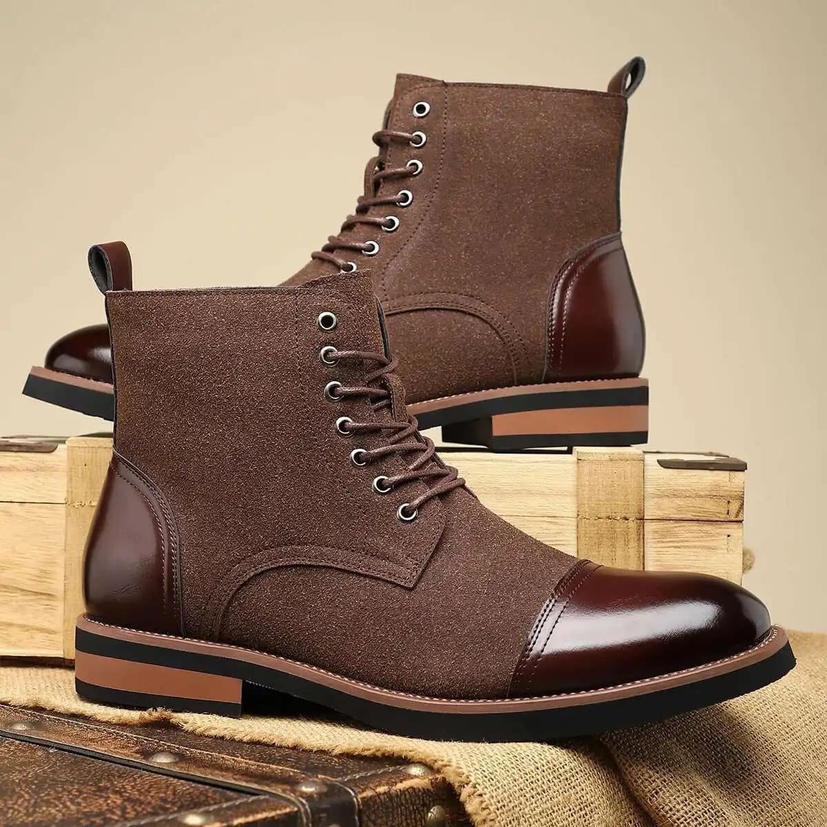 FORCIANO MERIDIAN brown elevator boots displayed as a pair from a front three-quarter angle with lace-up fronts and dark brown cap toes.
