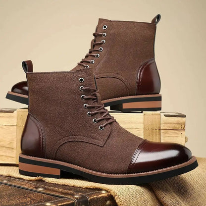 FORCIANO MERIDIAN brown elevator boots displayed as a pair from a front three-quarter angle with lace-up fronts and dark brown cap toes.