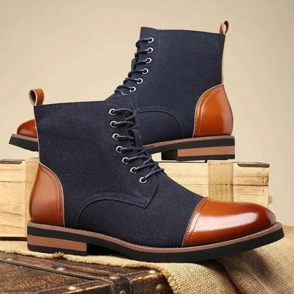 FORCIANO MERIDIAN dark blue elevator boots with brown accents, shown as a pair in front three-quarter and side views.