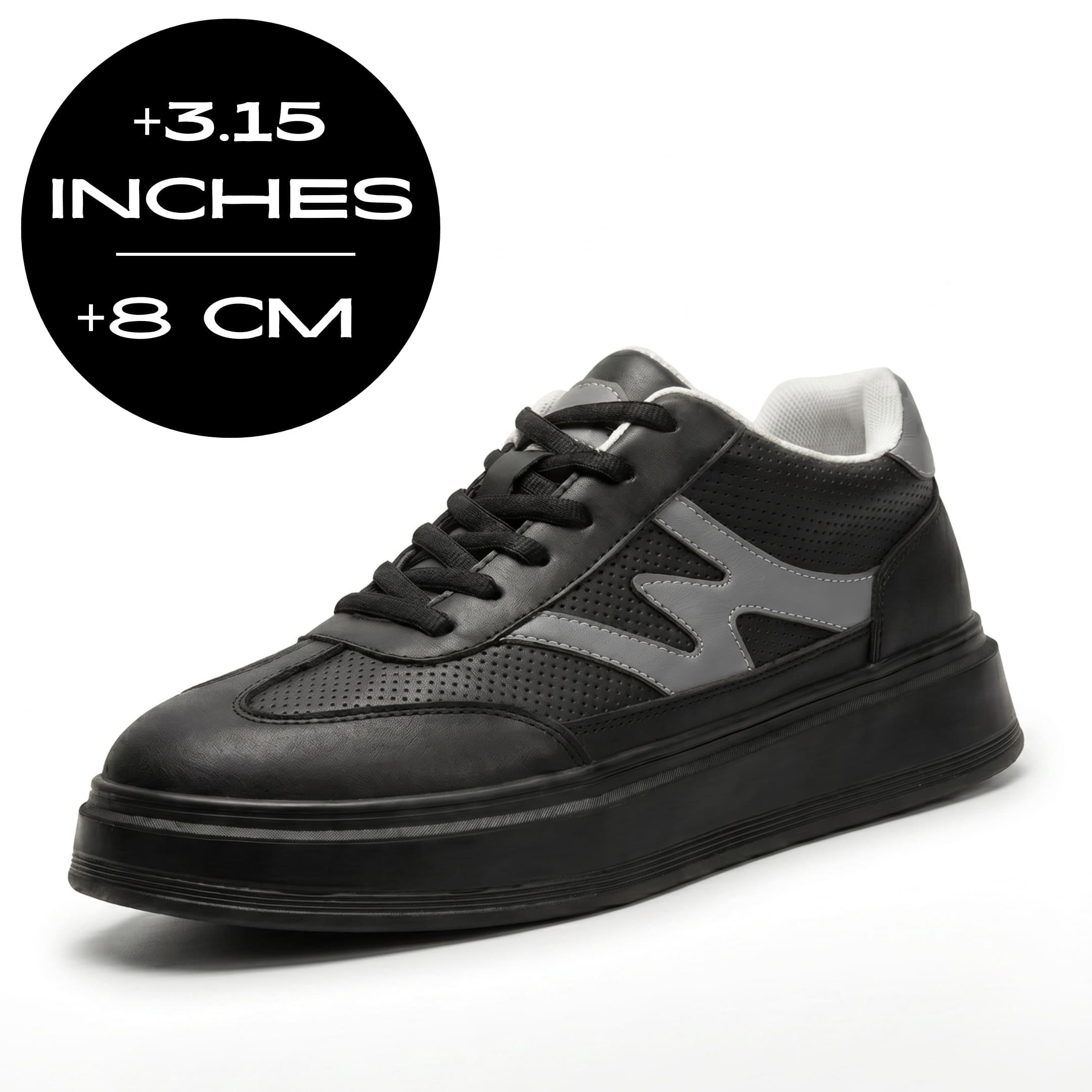 FORCIANO MILANO black height increasing sneakers with leather upper shown with an 8 cm / 3.15" height increase graphic.