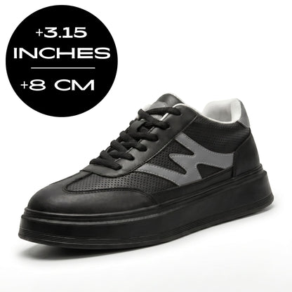 FORCIANO MILANO black height increasing sneakers with leather upper shown with an 8 cm / 3.15" height increase graphic.