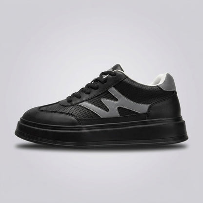 FORCIANO MILANO black height increasing shoes in sneaker side profile with leather upper, gray side accents and black platform sole.