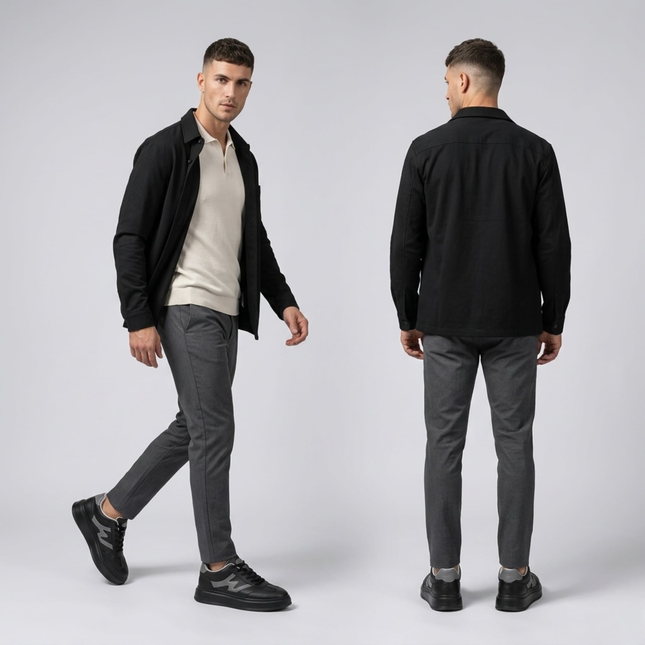 FORCIANO MILANO black height increasing sneakers with leather upper shown worn by a male model from front and rear standing views.