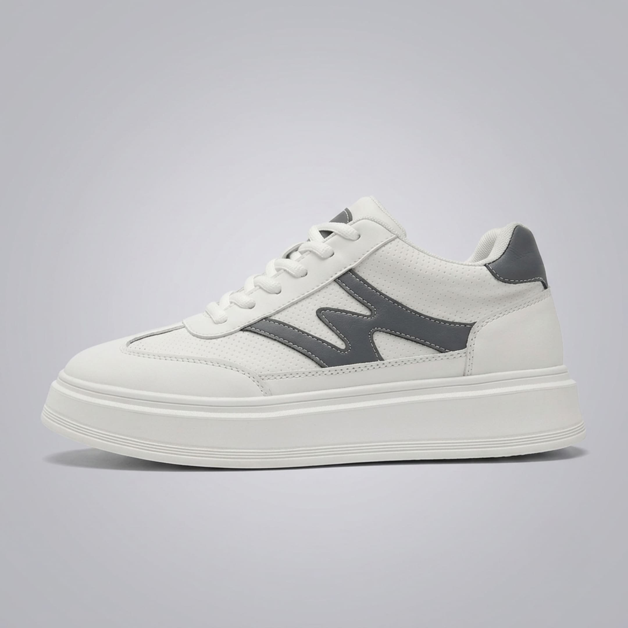 FORCIANO MILANO white elevator sneakers shown in clean side profile with leather upper, gray side accent and raised white sole.