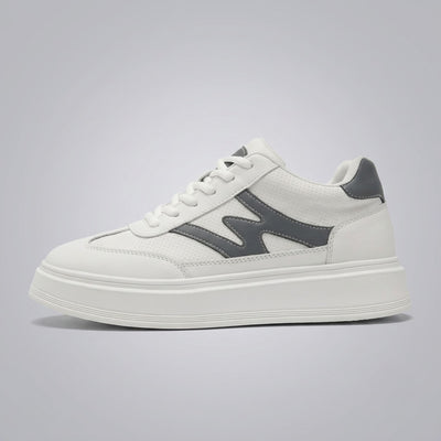 FORCIANO MILANO white elevator sneakers shown in clean side profile with leather upper, gray side accent and raised white sole.
