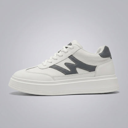 FORCIANO MILANO white elevator sneakers shown in clean side profile with leather upper, gray side accent and raised white sole.