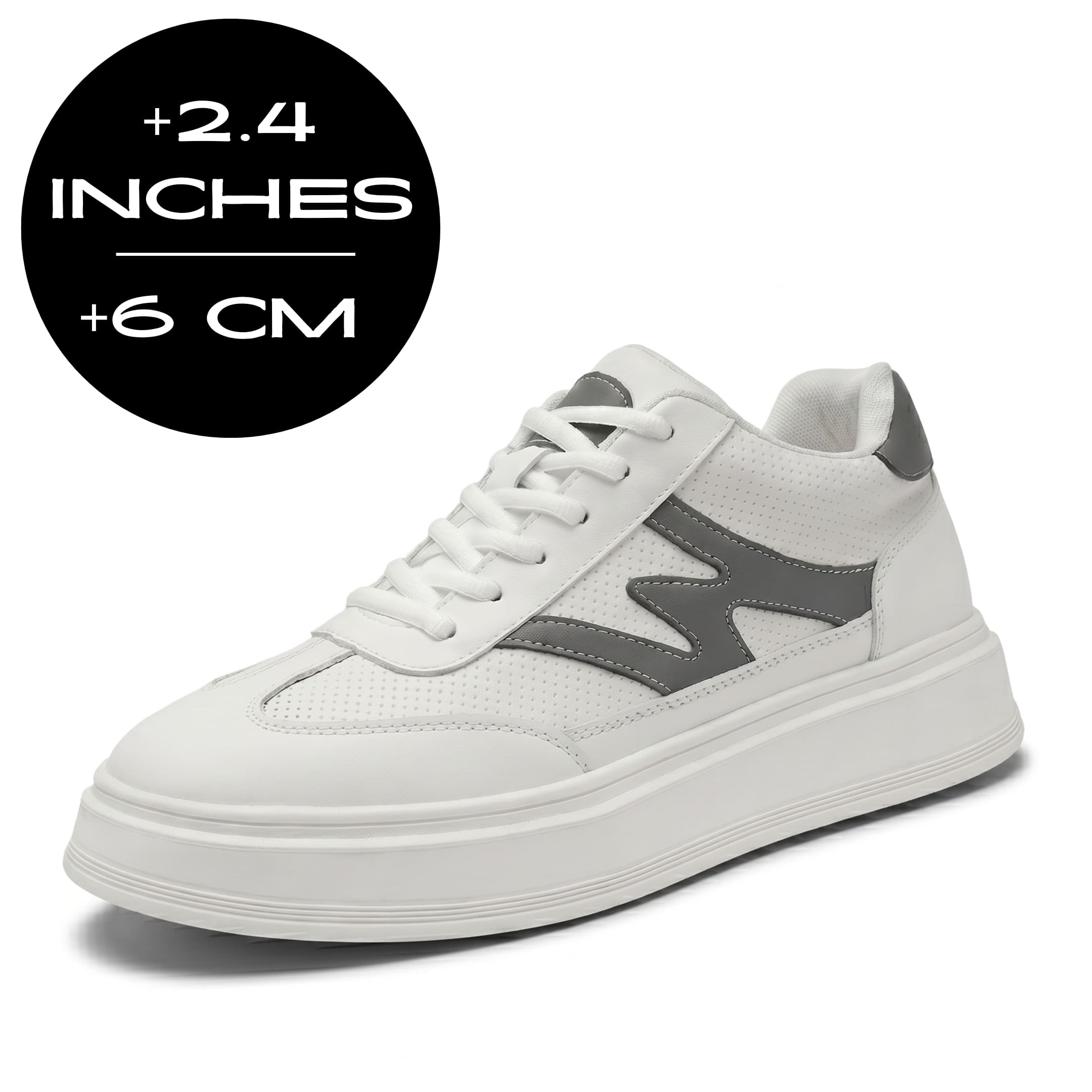 FORCIANO MILANO white height increasing sneakers with leather upper shown with a 6 cm / 2.4" height increase graphic.