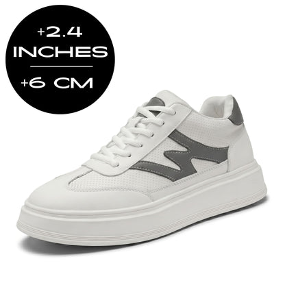 FORCIANO MILANO white height increasing sneakers with leather upper shown with a 6 cm / 2.4" height increase graphic.