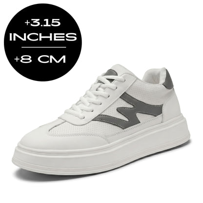 FORCIANO MILANO white height increasing sneakers with leather upper shown with an 8 cm / 3.15" height increase graphic.