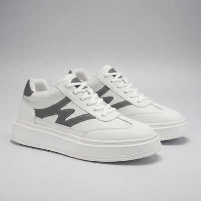 FORCIANO MILANO white height increasing shoes shown as a pair from the front angle, with leather upper, gray side accents and white platform soles.