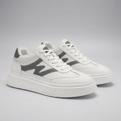 FORCIANO MILANO white height increasing shoes shown as a pair from the front angle, with leather upper, gray side accents and white platform soles.