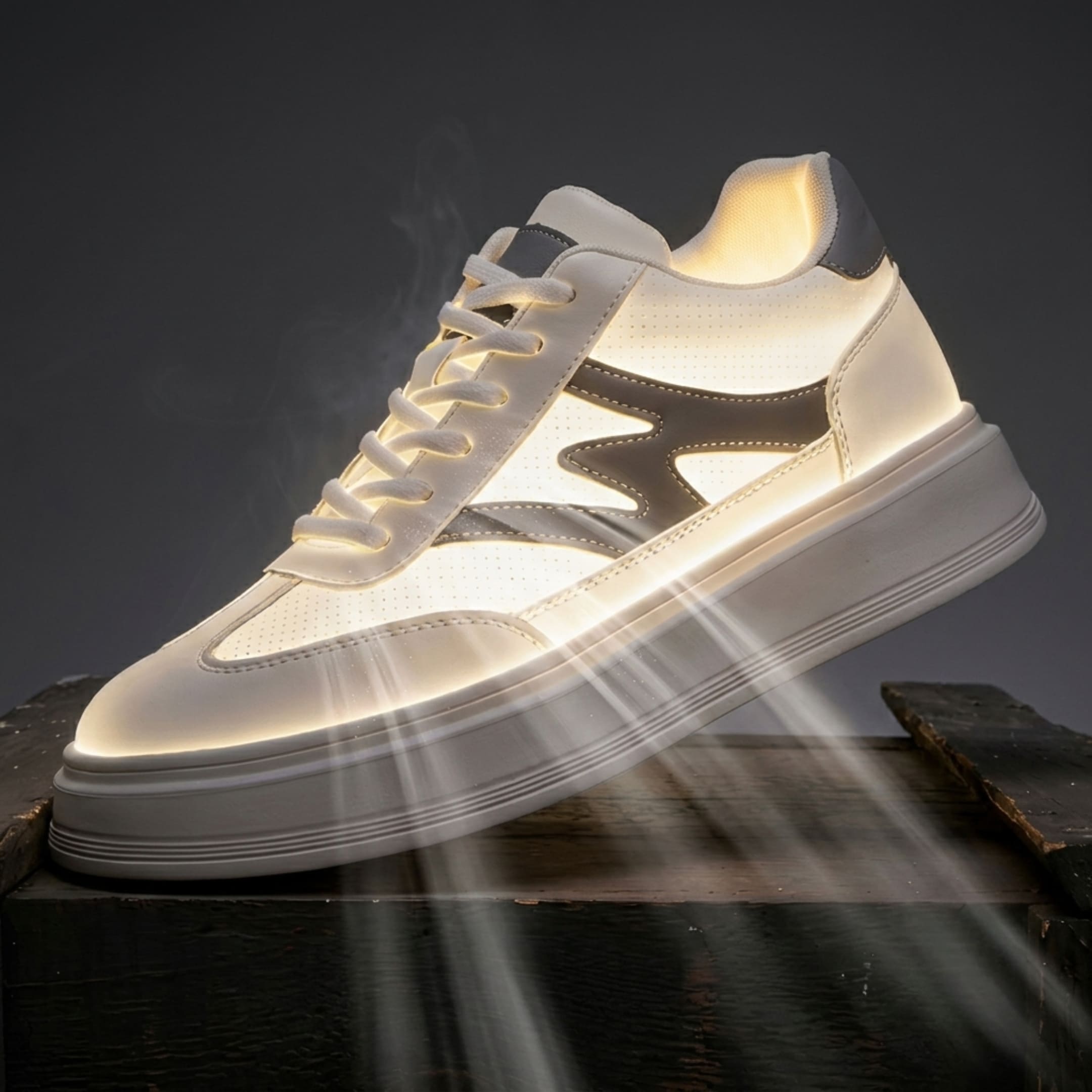 FORCIANO MILANO white height increasing sneakers with leather upper and gray accents shown from a front angle under dramatic backlighting.