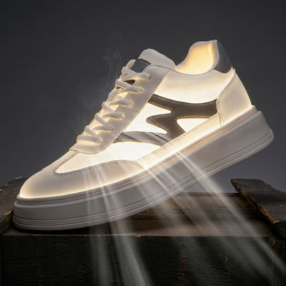 FORCIANO MILANO white height increasing sneakers with leather upper and gray accents shown from a front angle under dramatic backlighting.