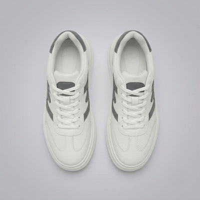 FORCIANO MILANO white height increasing sneakers shown as a pair from the top view with white laces, leather upper and gray accents.