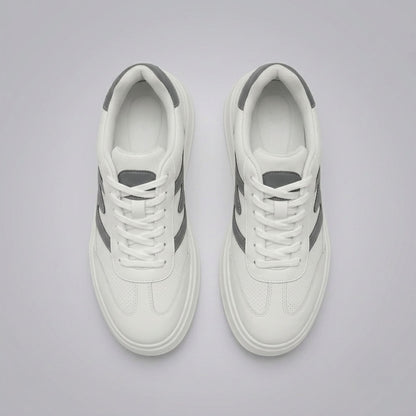 FORCIANO MILANO white height increasing sneakers shown as a pair from the top view with white laces, leather upper and gray accents.