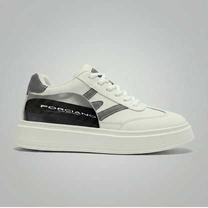 FORCIANO MILANO white hidden lift shoes shown in side cutaway view, revealing the internal lift beneath the leather upper.