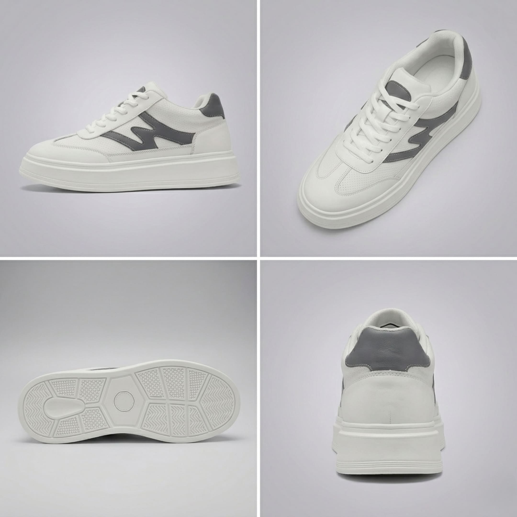 FORCIANO MILANO white leather height increasing shoes shown in a four-view collage with side, top-angle, outsole and rear views.