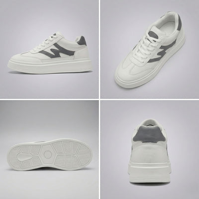 FORCIANO MILANO white leather height increasing shoes shown in a four-view collage with side, top-angle, outsole and rear views.