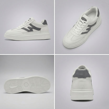 FORCIANO MILANO white leather height increasing shoes shown in a four-view collage with side, top-angle, outsole and rear views.