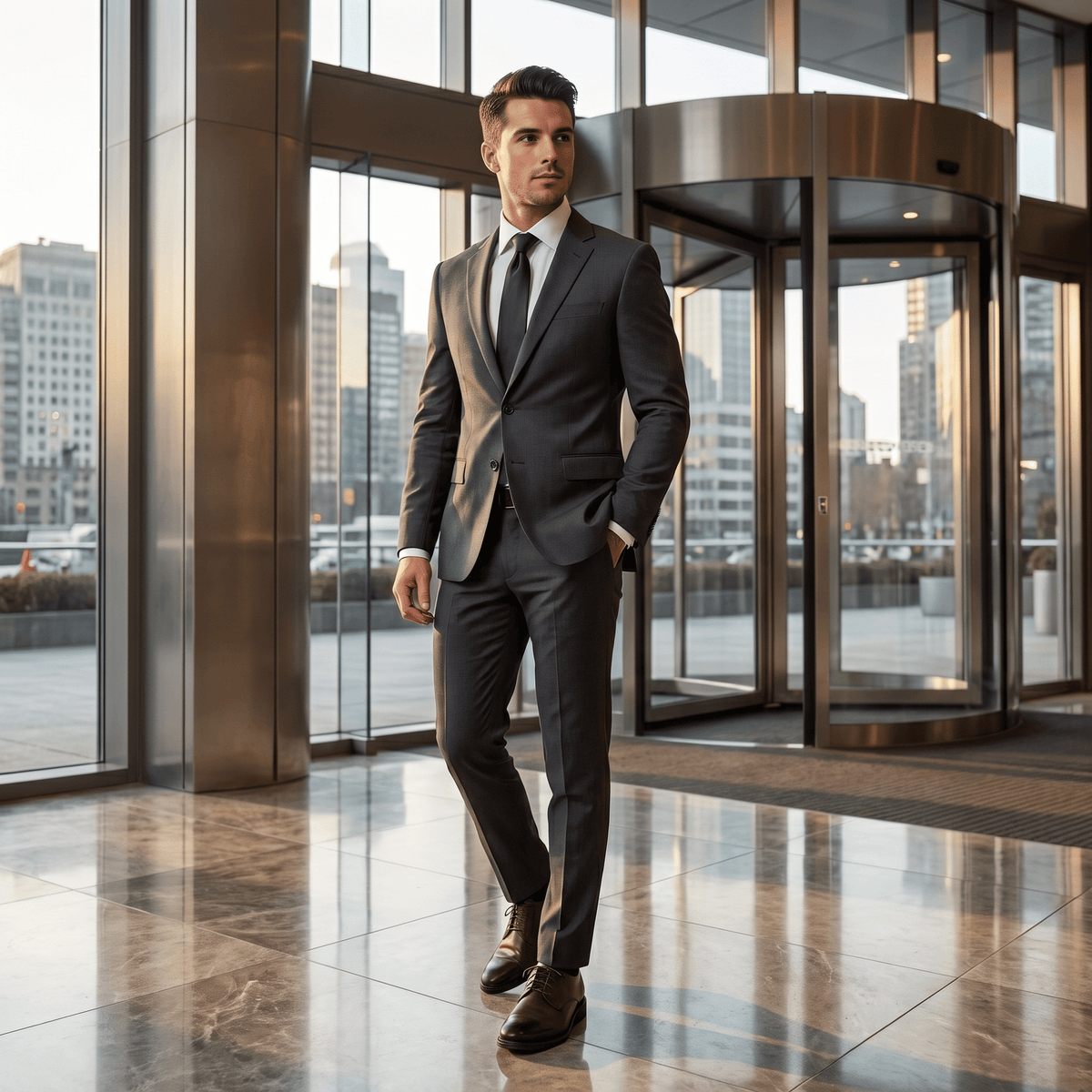 FORCIANO MOMENTUM black Elevator Dress Shoes worn with a gray suit in a formal business lifestyle scene.