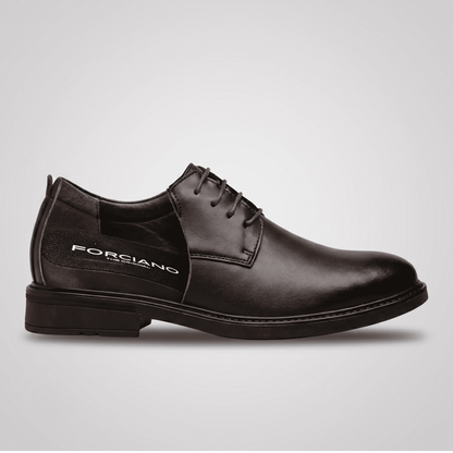 FORCIANO MOMENTUM black Elevator Dress Shoes shown in rear side profile with the heel and smooth upper visible.