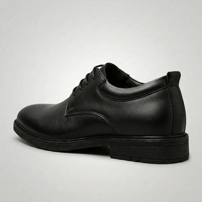 FORCIANO MOMENTUM black Elevator Dress Shoes shown from a rear side angle with the heel and lace-up design visible.