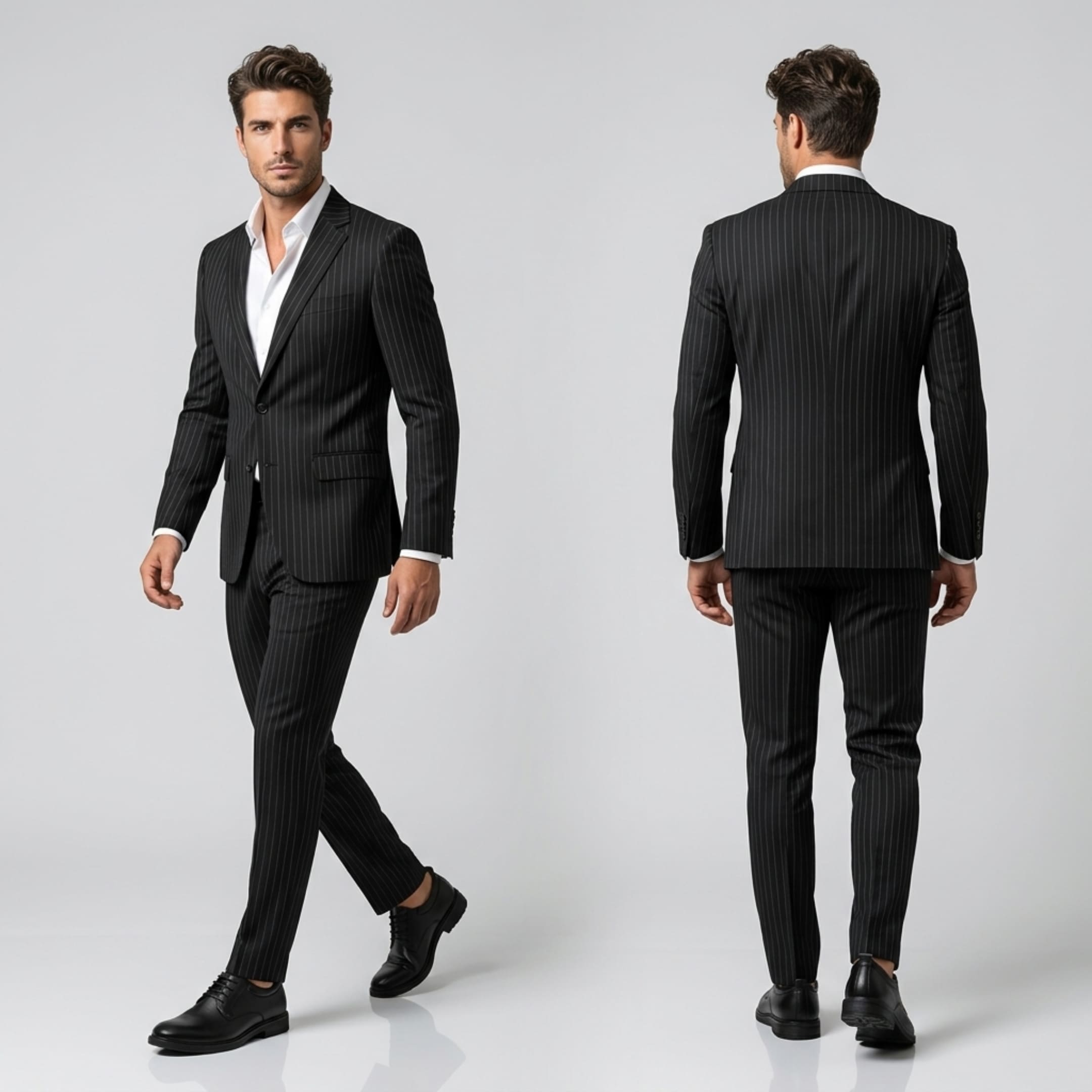 FORCIANO MOMENTUM black height increasing dress shoes worn with a black pinstripe suit in front and rear formal views.