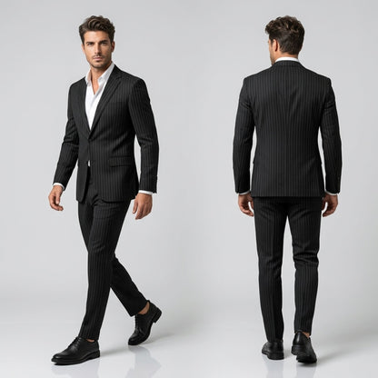 FORCIANO MOMENTUM black height increasing dress shoes worn with a black pinstripe suit in front and rear formal views.