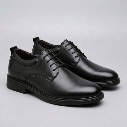 FORCIANO MOMENTUM black height increasing dress shoes shown as a pair from a polished front three-quarter angle.