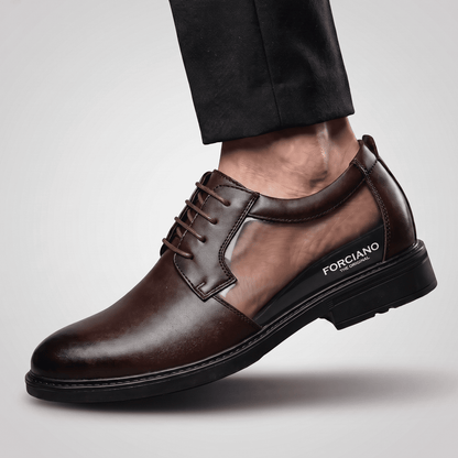 FORCIANO MOMENTUM brown Elevator Dress Shoes shown in side-profile cutaway view with the internal lift and FORCIANO branding visible.