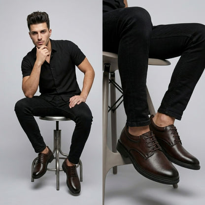 FORCIANO MOMENTUM brown elevator dress shoes worn with black trousers in a seated formal lifestyle setting.
