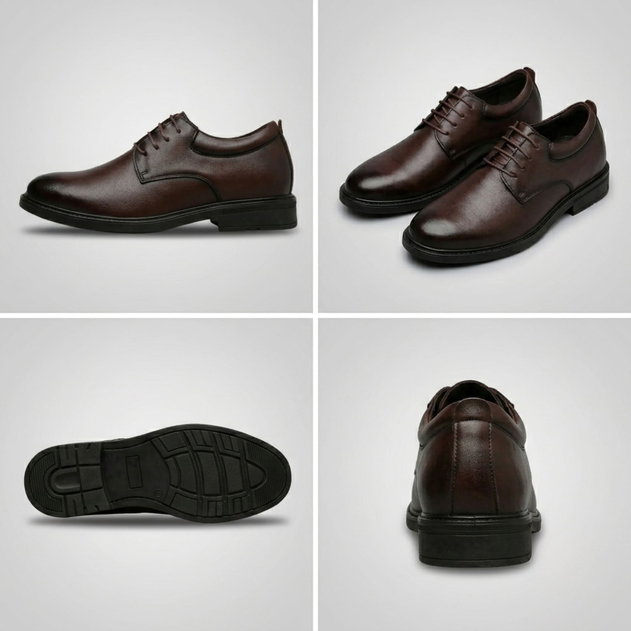 FORCIANO MOMENTUM brown elevator dress shoes displayed in multiple views including side, pair, outsole and rear angles.