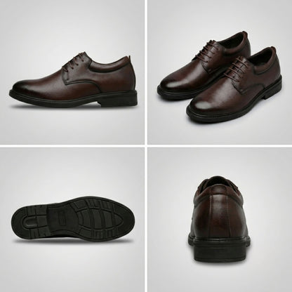 FORCIANO MOMENTUM brown elevator dress shoes displayed in multiple views including side, pair, outsole and rear angles.