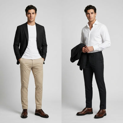 FORCIANO MOMENTUM brown elevator dress shoes styled with smart-casual and formal outfits in two full-length views.