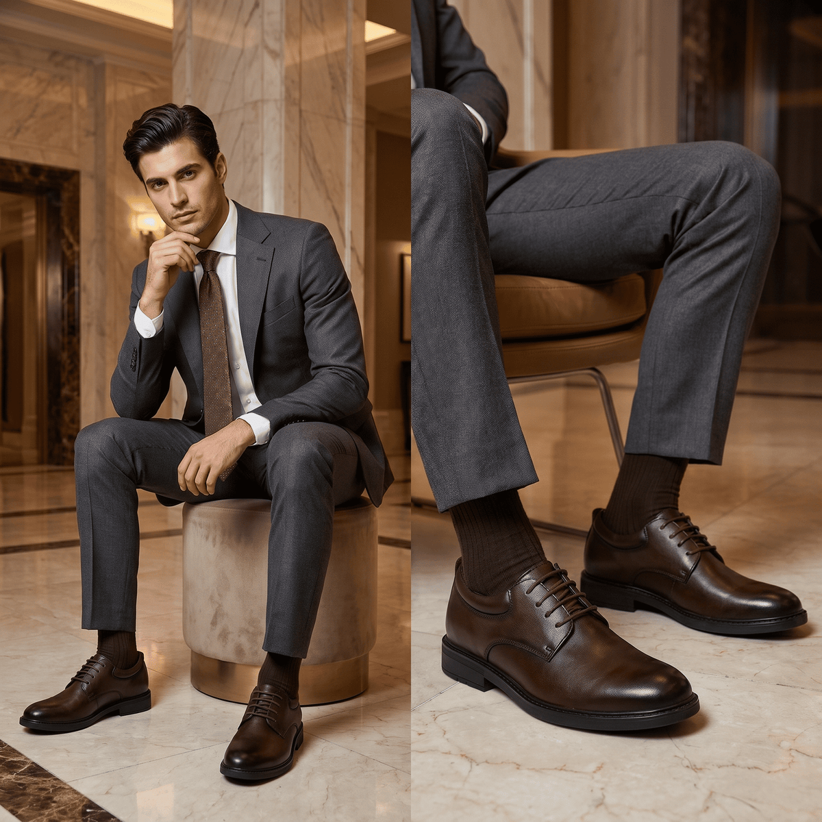 FORCIANO MOMENTUM brown Elevator Dress Shoes shown worn from the side with the internal lift cutaway and FORCIANO branding visible.