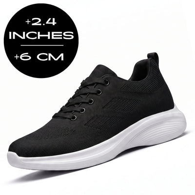 FORCIANO MONACO Height Increasing Sneakers in black with a white sole, front three-quarter view with air mesh upper and 2.4 inches / 6 cm height graphic.