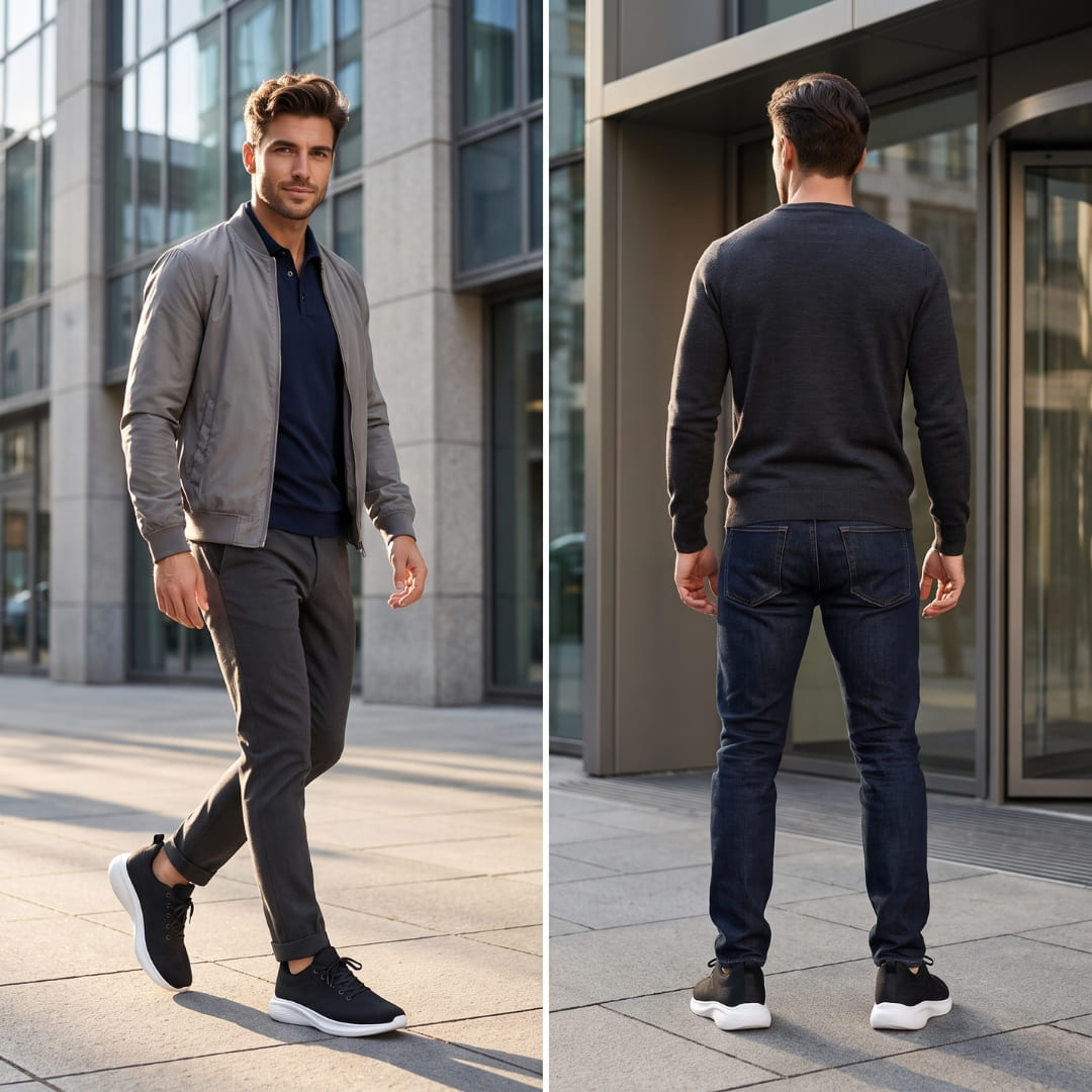 FORCIANO MONACO Height Increasing Sneakers in black with white soles and air mesh uppers, shown on a model from front and rear lifestyle views.