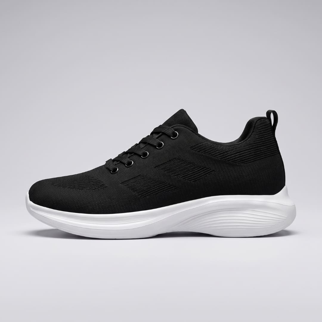 FORCIANO MONACO Height Increasing Sneakers in black, side profile with air mesh upper, lace-up front and contrasting white sole.