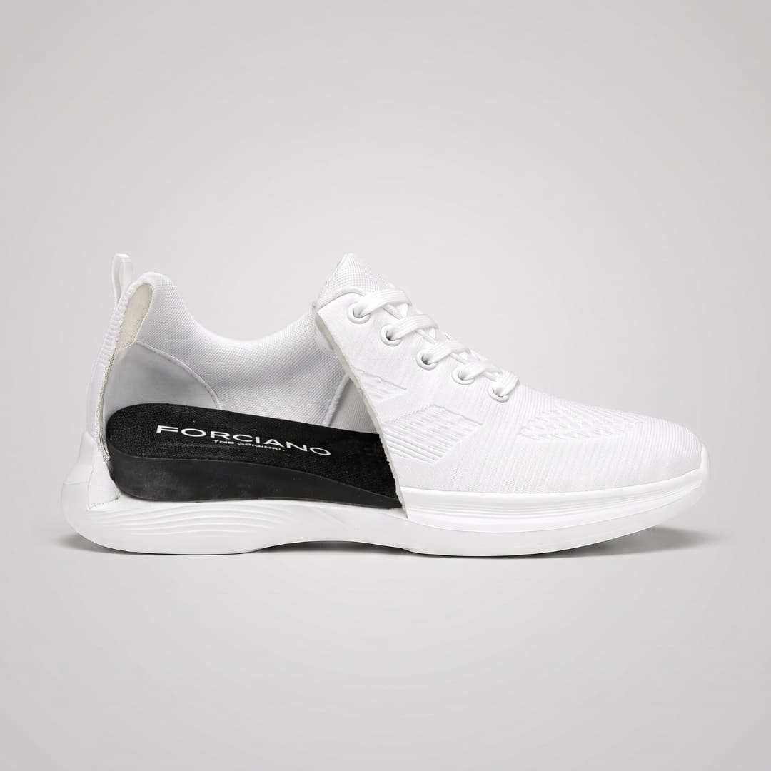 FORCIANO MONACO Height Increasing Sneakers in white, side cutaway showing the internal lift structure beneath the air mesh upper.
