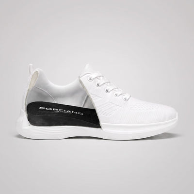 FORCIANO MONACO Height Increasing Sneakers in white, side cutaway showing the internal lift structure beneath the air mesh upper.