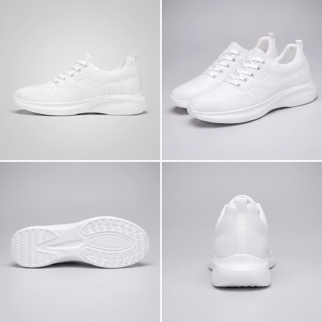 FORCIANO MONACO Height Increasing Sneakers in white shown in a multi-view collage with side profile, pair, outsole and rear views of the air mesh design.