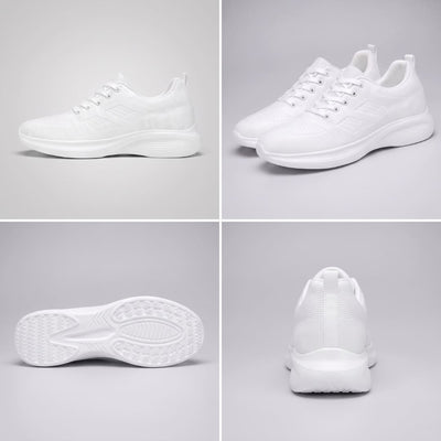 FORCIANO MONACO Height Increasing Sneakers in white shown in a multi-view collage with side profile, pair, outsole and rear views of the air mesh design.