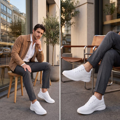 FORCIANO MONACO Height Increasing Sneakers in white with air mesh uppers, shown worn by a seated model in a two-view lifestyle image.