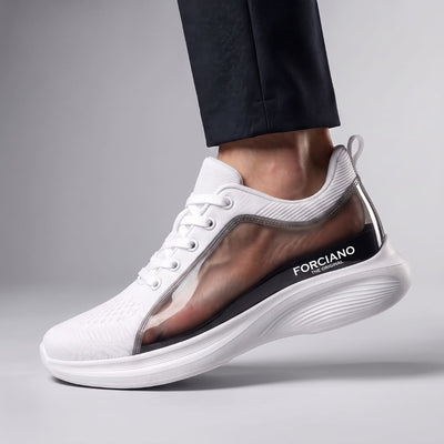 FORCIANO MONACO Height Increasing Sneakers in white shown worn from the side with a cutaway revealing the internal lift beneath the air mesh upper.