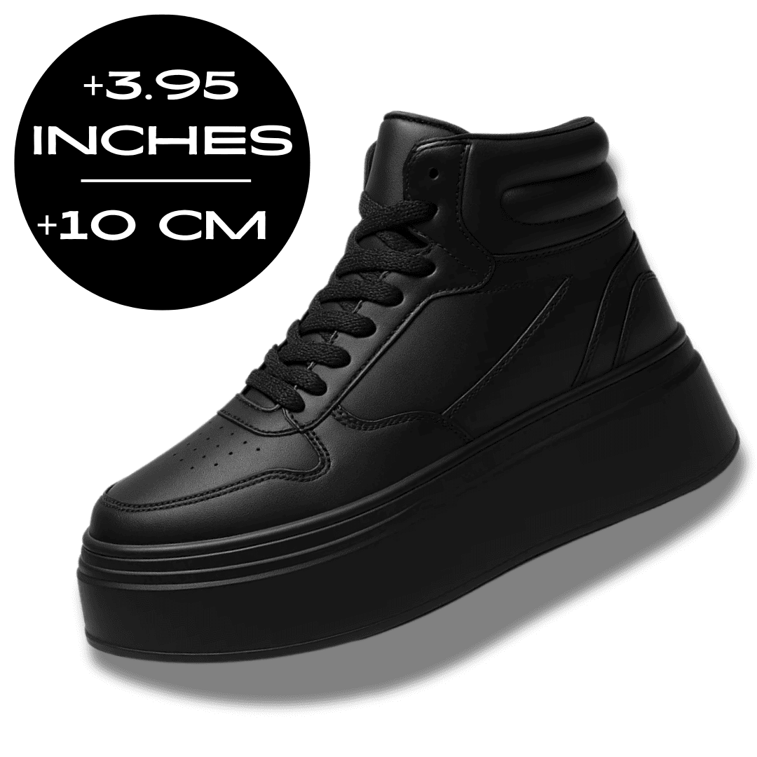 FORCIANO MONARCH black height increasing sneakers shown as a single high-top shoe from a front three-quarter angle with a 10 cm / 3.95 inches height graphic.